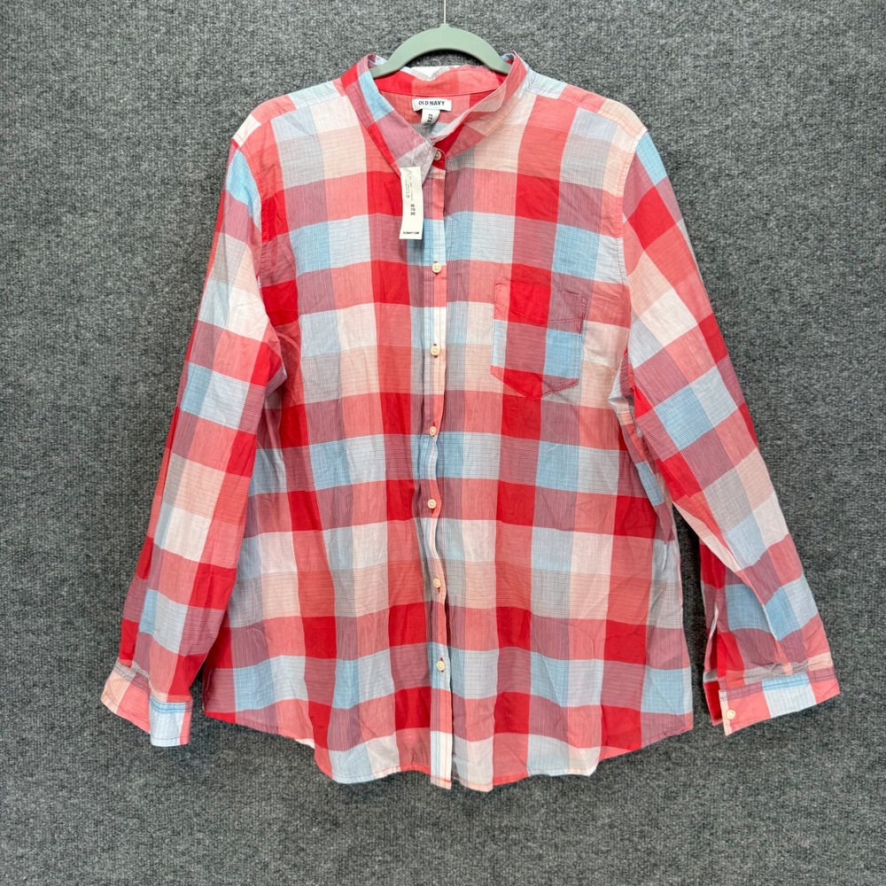 Old Navy Button Up Shirt Women XXL Red Plaid Long Sleeve Chambray Plus Sz NEW
